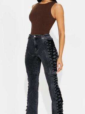 Fashion Nova Black Lace-Up High-Waist Flared Jeans